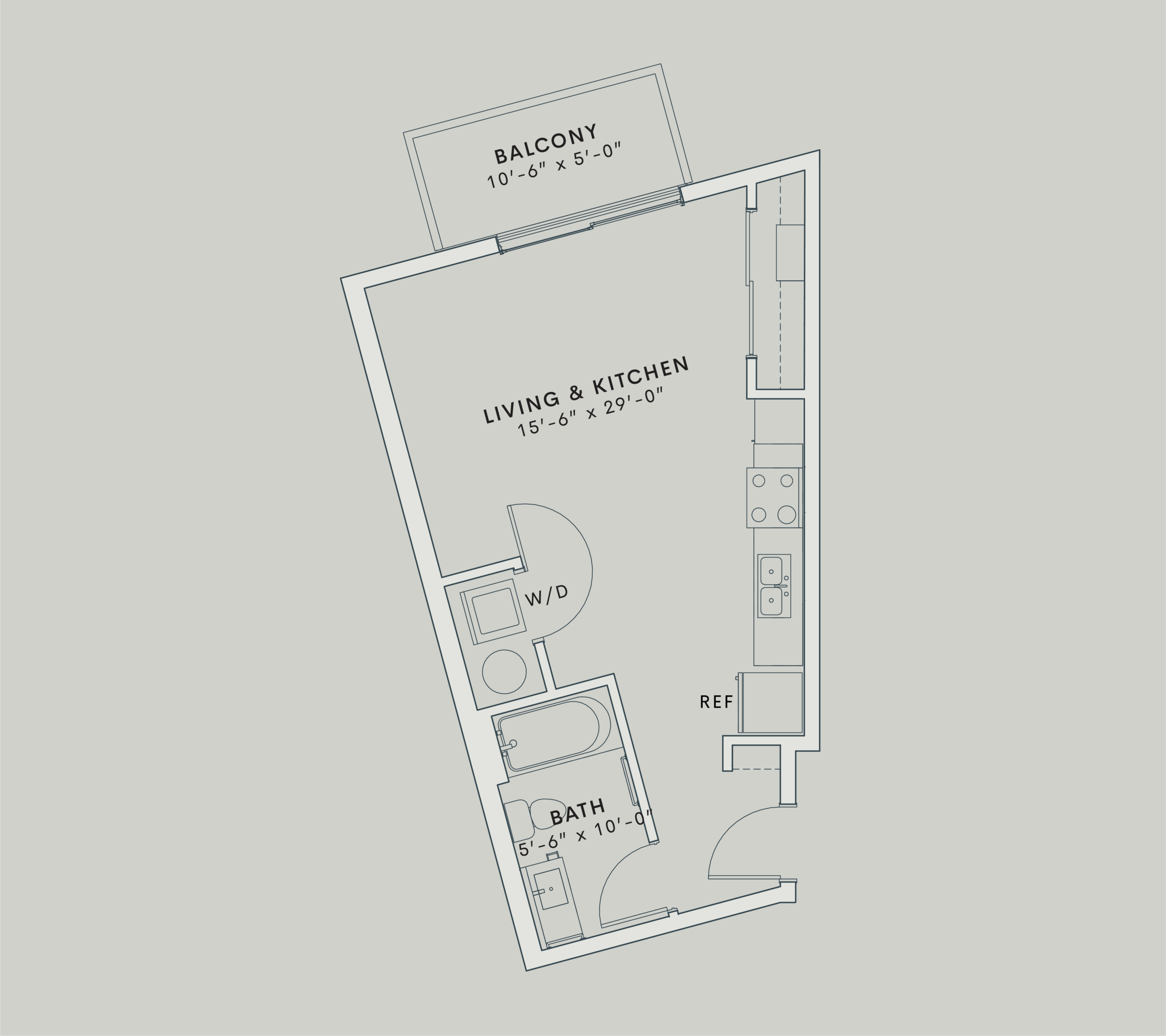 Studio apartment floorplan at The Mae